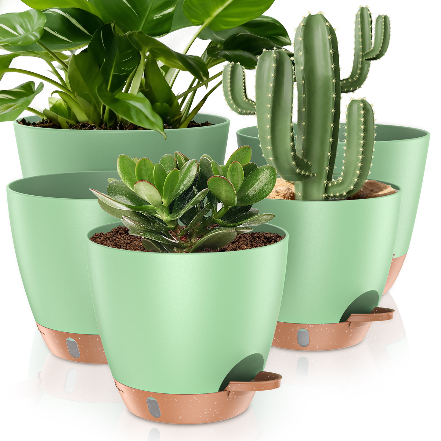 5 Pack Self Watering Plant Pots, 10/9/8/7.5/7 Inch Large Plastic Planters with Drainage Holes, Water Level Indicator & Deep Reservoir, Flower Pots for Indoor Outdoor Garden Plants(Green)