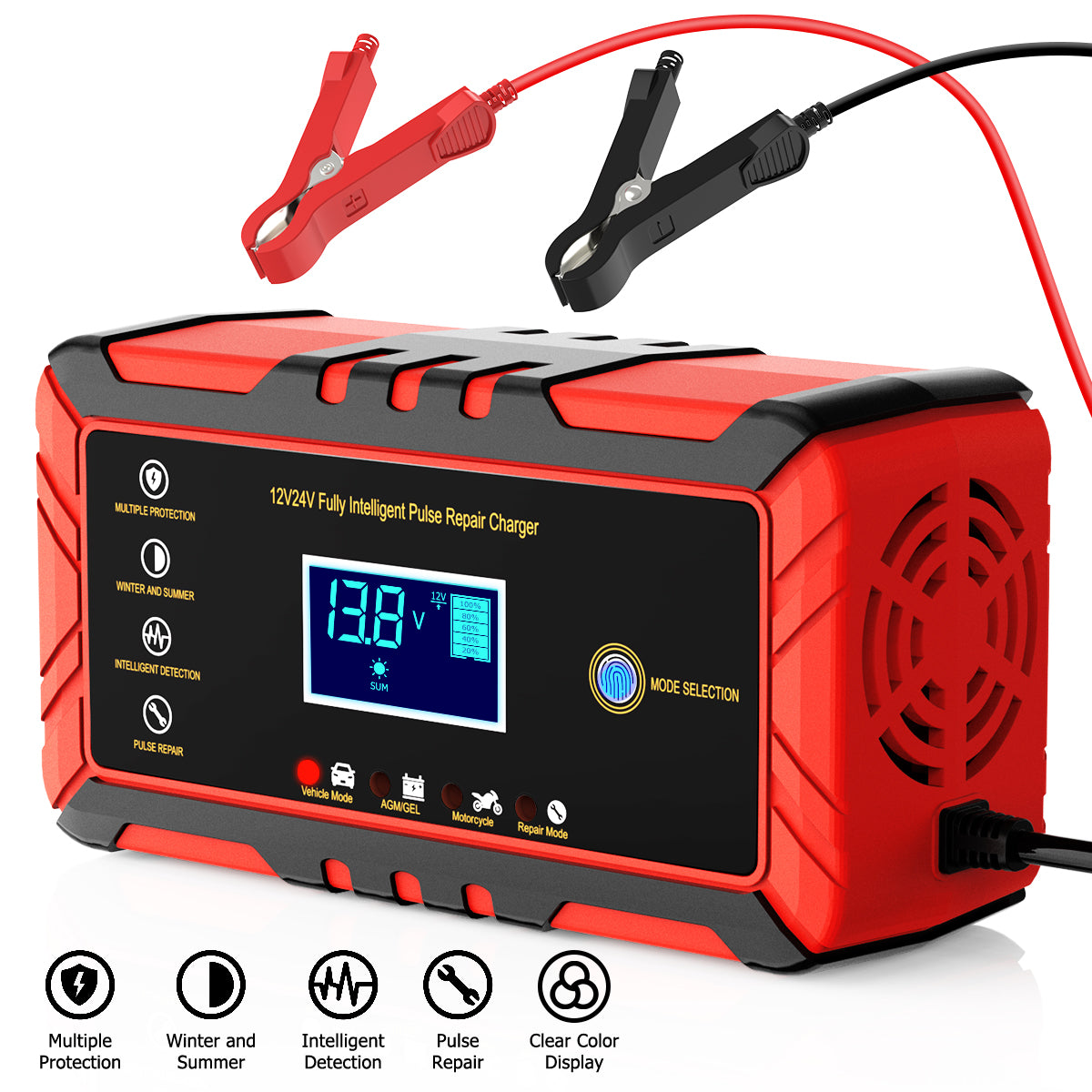 Car Battery Charger 8-Amp 12V and 24V, Fully-Automatic Battery Trickle Charger, Battery Charger with Temperature Compensation, Battery Maintainer with Digital Screen Display for Car Lawn Mower Boats