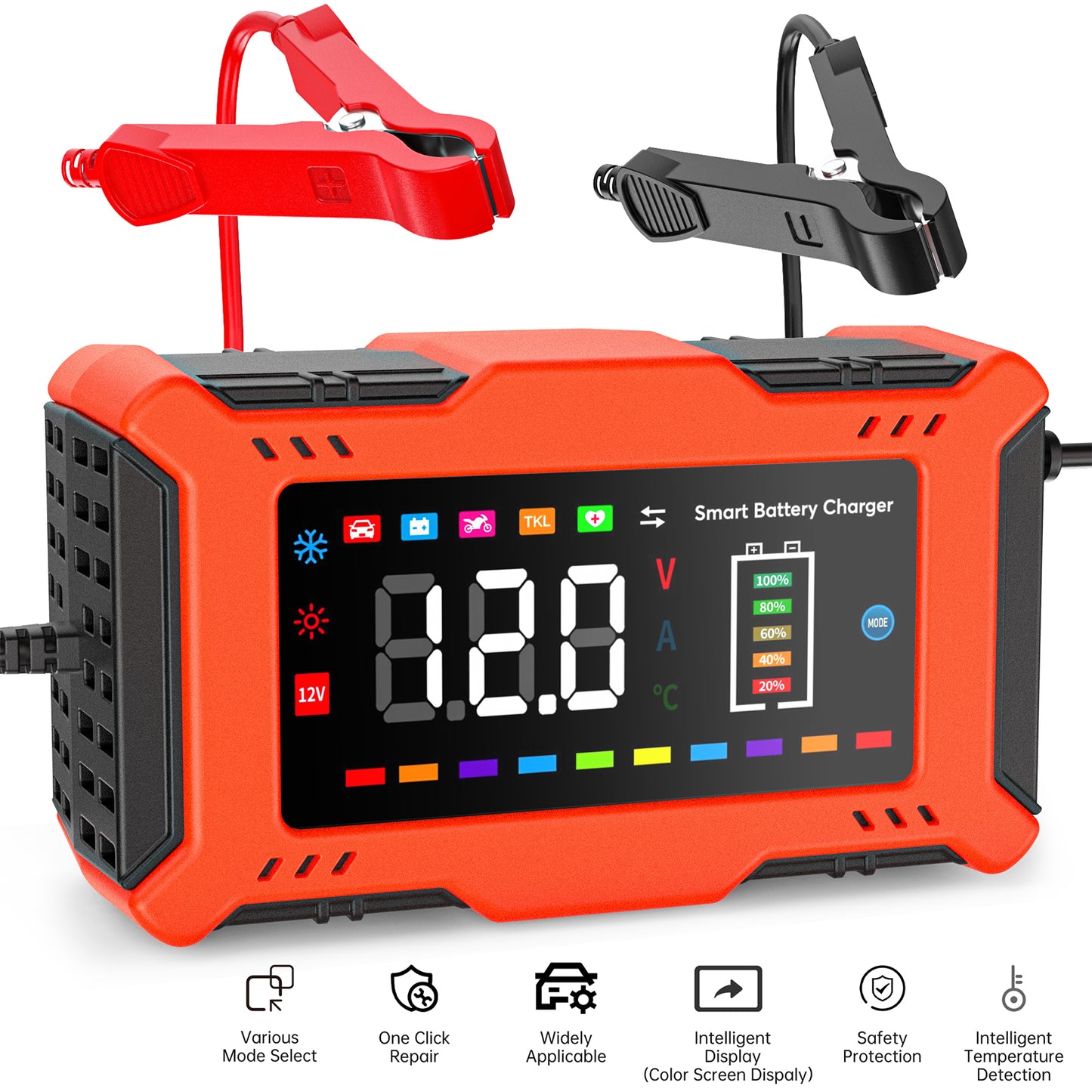 12V/6A Car Battery Charger, Automotive Battery Trickle Charger, Smart Battery Maintainer with Color and Touch Screen Display and Temperature Compensation for Car Lawn Mower Marine Lead Acid Batteries