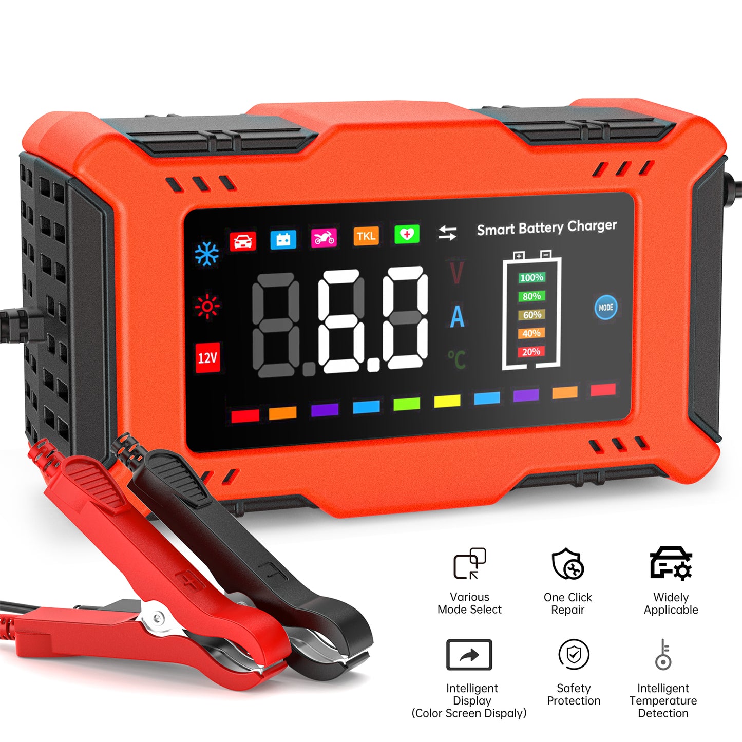 Car Battery Charger, 12V 6Amp Smart Automatic Battery Charger, Trickle Charger, Battery Maintainer and Battery Desulfator with Temperature Compensation Auto Stop and Color and Touch Screen Display