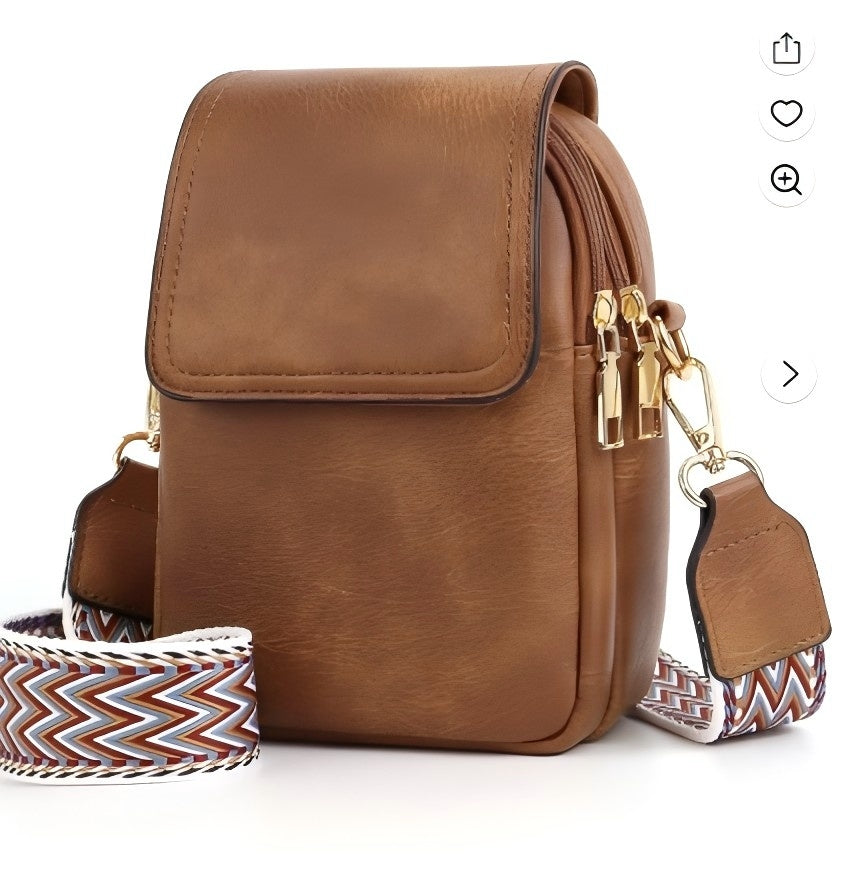 XUEYU Small Crossbody Bags for Women, Trendy Leather Phone Wallet Purses with Adjustable Guitar Strap & Double Compartment, Fashionable Shoulder Handbags with Back Zipper Pocket for Travel, Brown