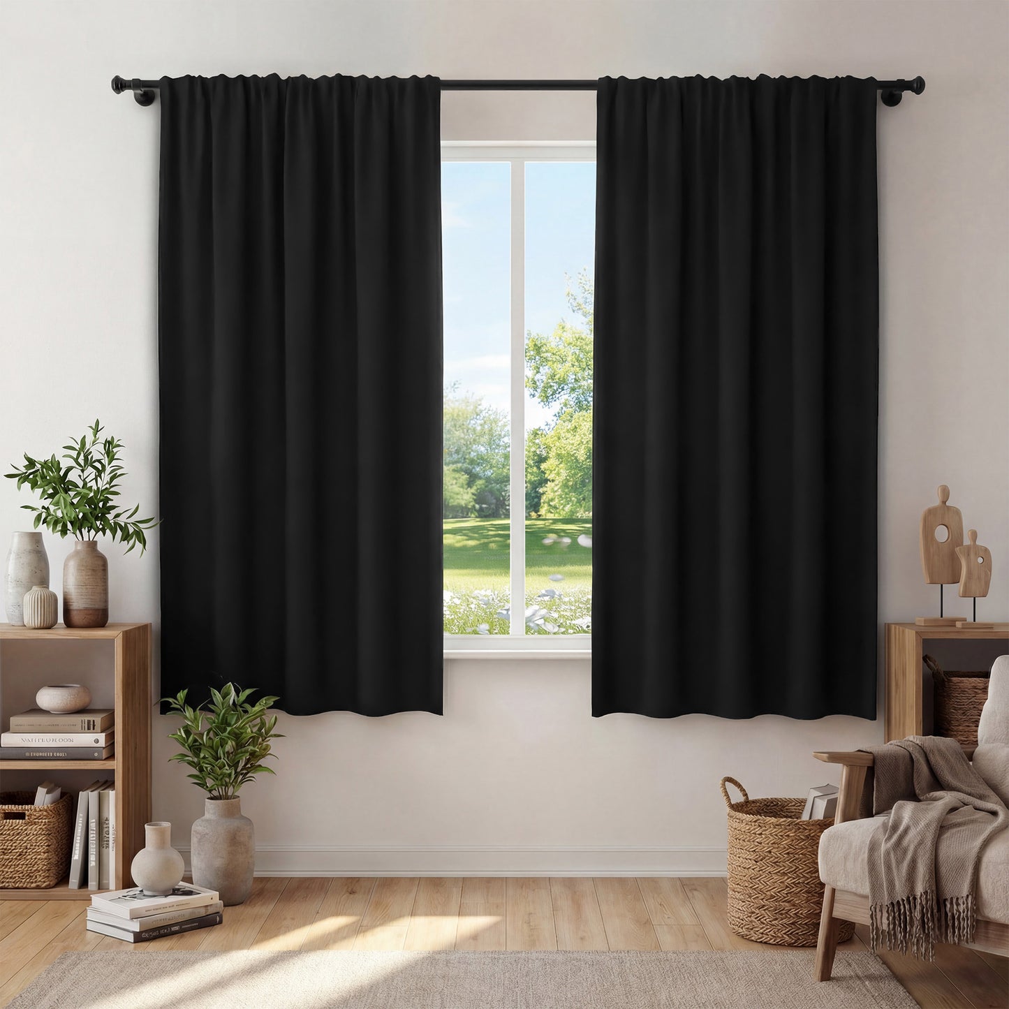 XUEYU Window Curtains Blackout, Back Tab Curtains 63 Inch, 100% Blackout Curtains Darkening Light Blocking Curtains for Living Room Bedroom Full Light Blocking Curtains 2 Panel Set,W42 x L63, Black