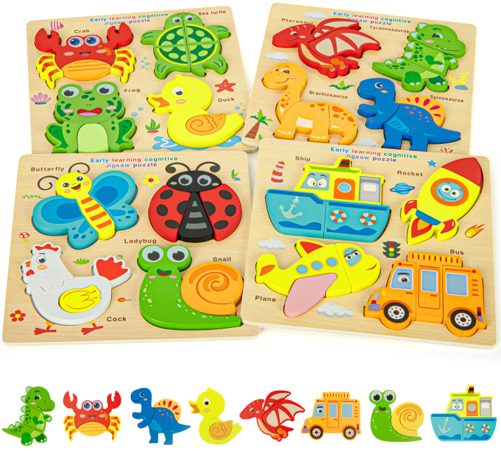Xueyu Wooden Montessori Puzzles for Toddlers 3-5, 4 pack, 16 Puzzle Pieces, Educational Toys, Gift for Boys Girls, Vehicles Dinosaurs Insects Animals for Toddlers 3 4 5