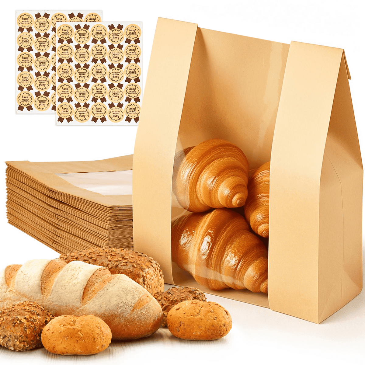 Xueyu 50 Pcs Paper Bread Bags for Homemade Bread, Sourdough Bread Bags with Window, Kraft Paper Bakery Bag for Baked Food Packaging Storage with 50 Pcs Stickers (13.8”x8.3”x3.5”)-Brown