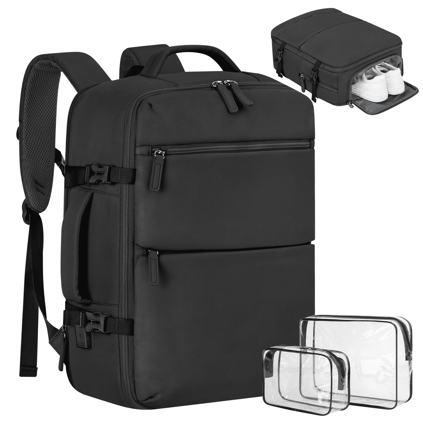 35L Travel Backpack for Women & Men, Carry On Backpack with USB Charging Port & Shoe Pouch, Expandable Flight Approved Backpack, Waterproof Travel Essentials for Weekender Business Hiking,Black