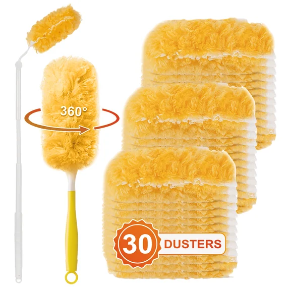 XUE000DR001YE Xueyu 30 Pack Heavy Duty Duster Refills for Swiffer Duster, Disposable Microfiber Duster with 1 Short Handle and 1 Extended Handle, 4X Microfibers for Cleaning