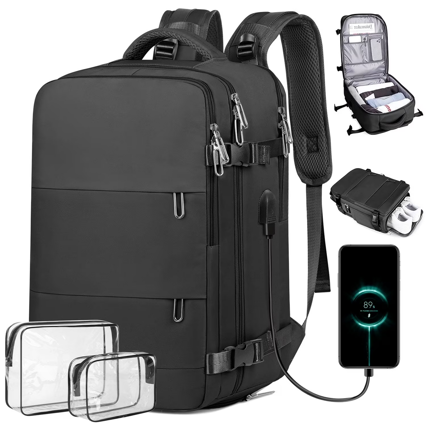 35L Travel Backpack for Women & Men, Carry On Backpack with USB Charging Port & Shoe Pouch, Expandable Flight Approved Backpack, Waterproof Travel Essentials for Weekender Business Hiking,Black