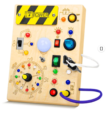 XUEYU Wooden Busy Board for Toddlers Ages 1-3, 10 Switches & 23 LEDs Sensory Travel Toy, Educational Gift for Boys and Girls