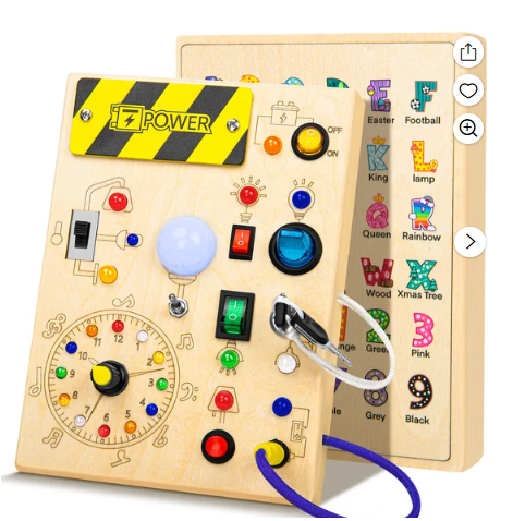 XUEYU Wooden Busy Board for Toddler, 10 LED Light Switches Busy Board Toddler Toys for 1-3 Years Old Boy and Girl, Color Study Sensory Travel Toys with 23 LED Light, Educational Boys and Girls Gift