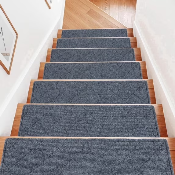 4 Pack Edging Stair Treads Non-Slip, 30'' x 8'' Stair Mat for Wooden Steps Indoor, Four-layer Reinforced Stair Rugs for Kids Elders and Dog, Polyester Washable Stair Runners with TPR Backing,Gray