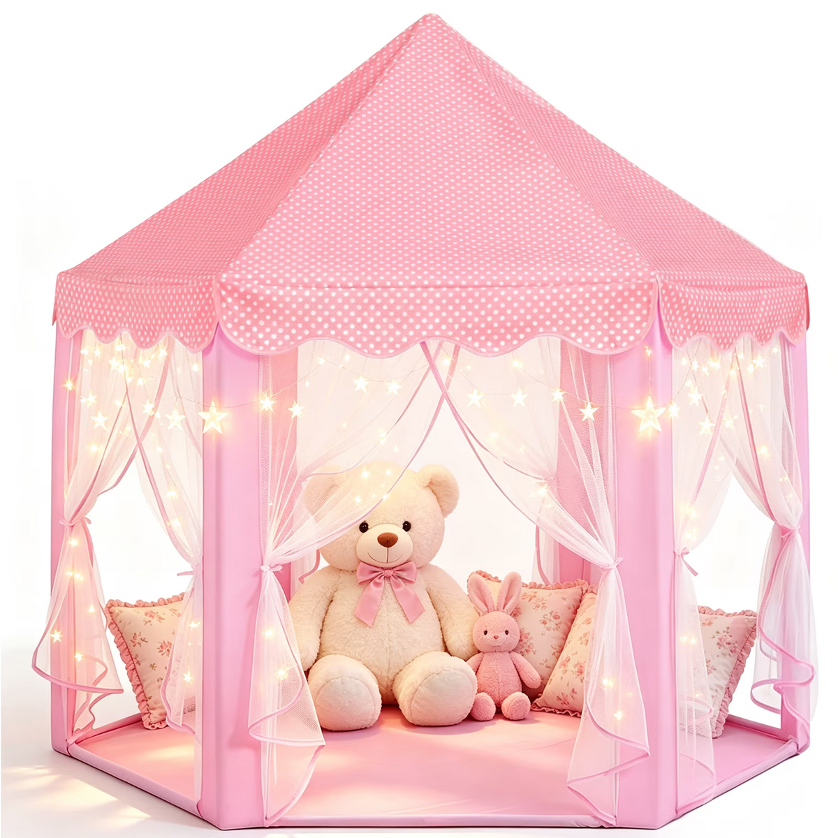 XUEYU Princess Play Tent for Girls, Kids Playhouse for Indoor & Outdoor Games, Princess Castle Play Tent with Star Lights for Toddlers, Large Hexagon Playhouse Children’s Toys and Gifts, 55” x 53”