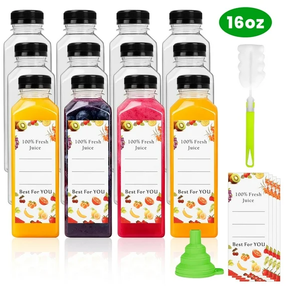 XUE000PJB001CL16OZ Xueyu 12pcs 16oz Plastic Juice Bottles, Reusable and Take Out Juice Containers with Caps and Labels, Leak proof, Clear Juice Containers with Juicing, Smoothie and Other Beverages
