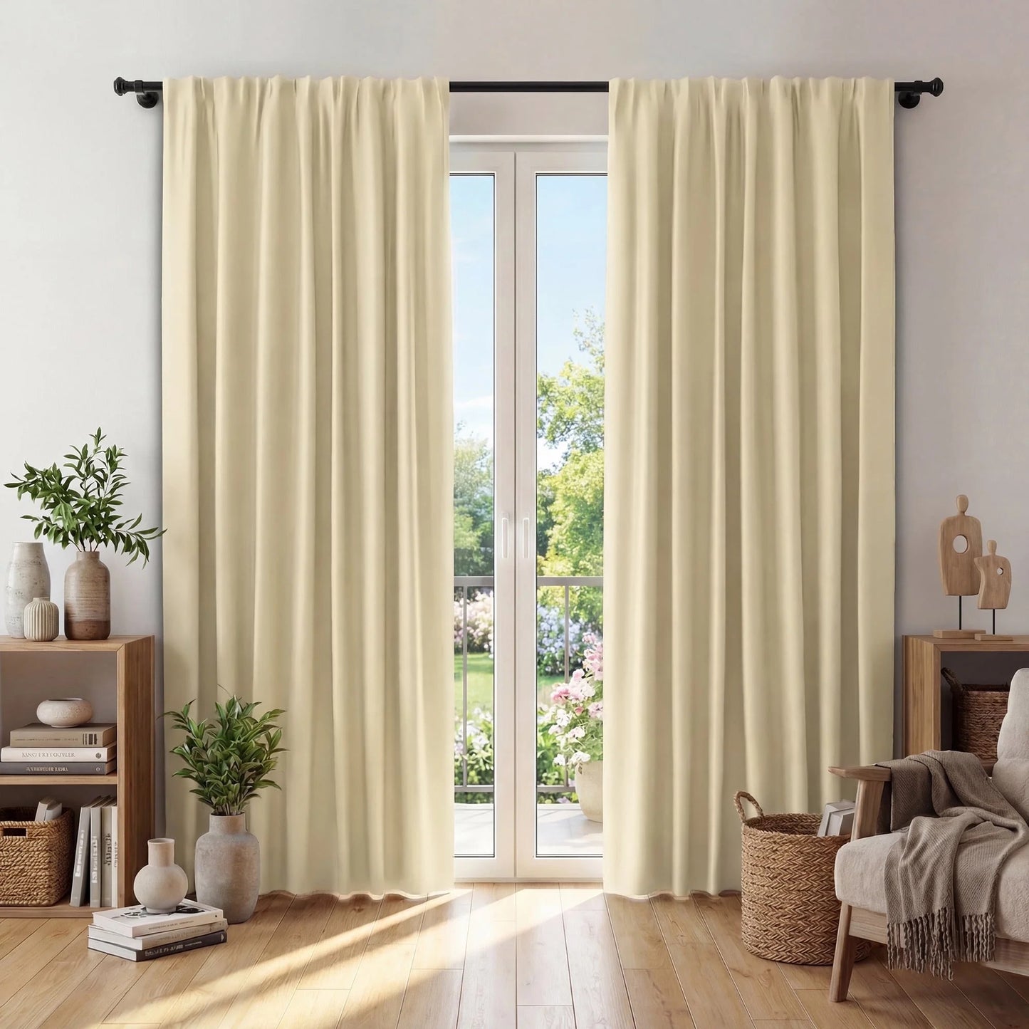 XUEYU Window Curtains Blackout, Back Tab Curtains 84 Inch, 100% Blackout Curtains Darkening Light Blocking Curtains for Living Room Bedroom Full Light Blocking Curtains 2 Panel Set,W52 x L84, Beige