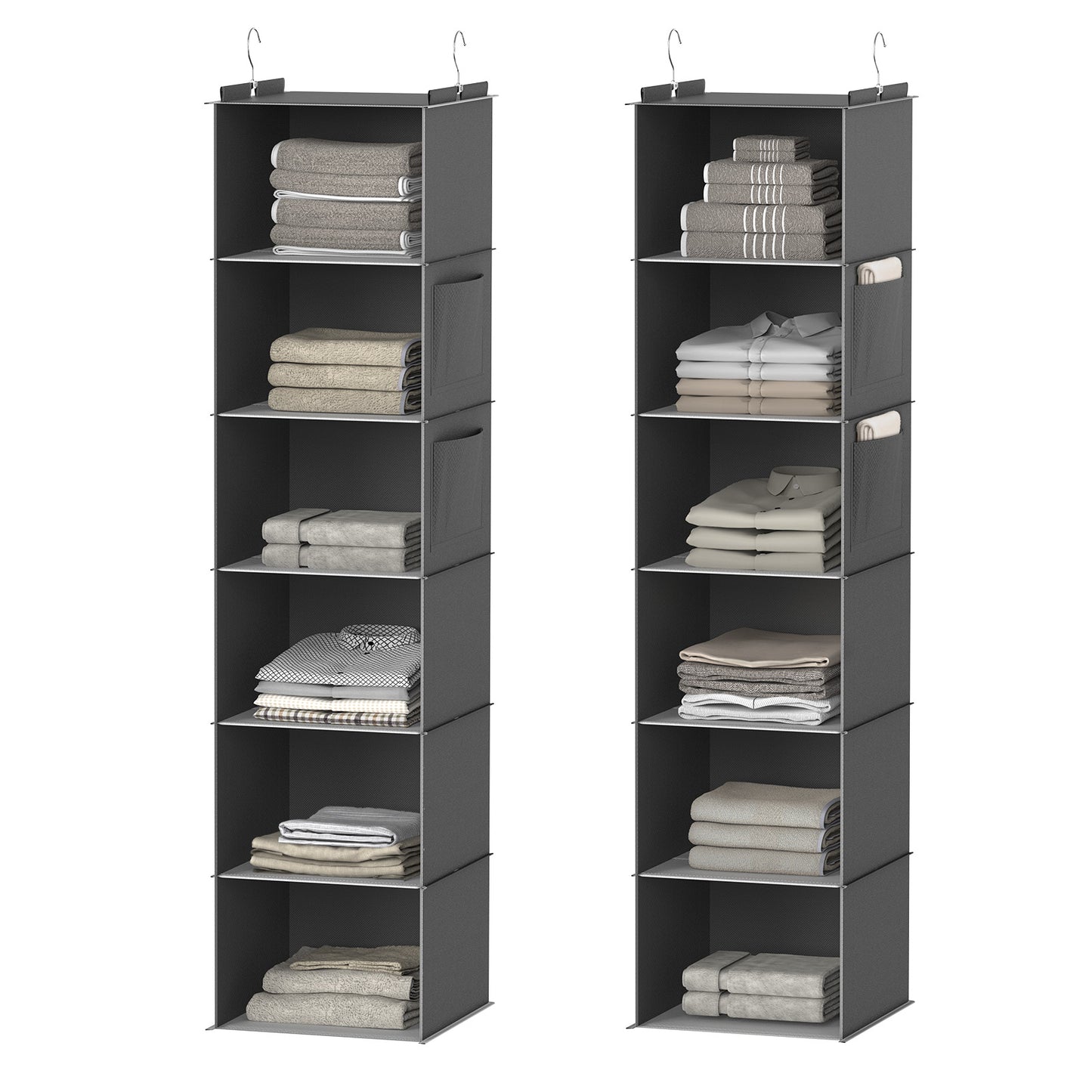 XUEYU Hanging Closet Organizer, 2 Pack Closet Hanging Storage Shelves with Bamboo Inserts, 6-Shelf Sturdy Hook Closet Organizers and Storage W/ 2 Side Pockets,Foldable Closet Storage for Bedroom,Gray