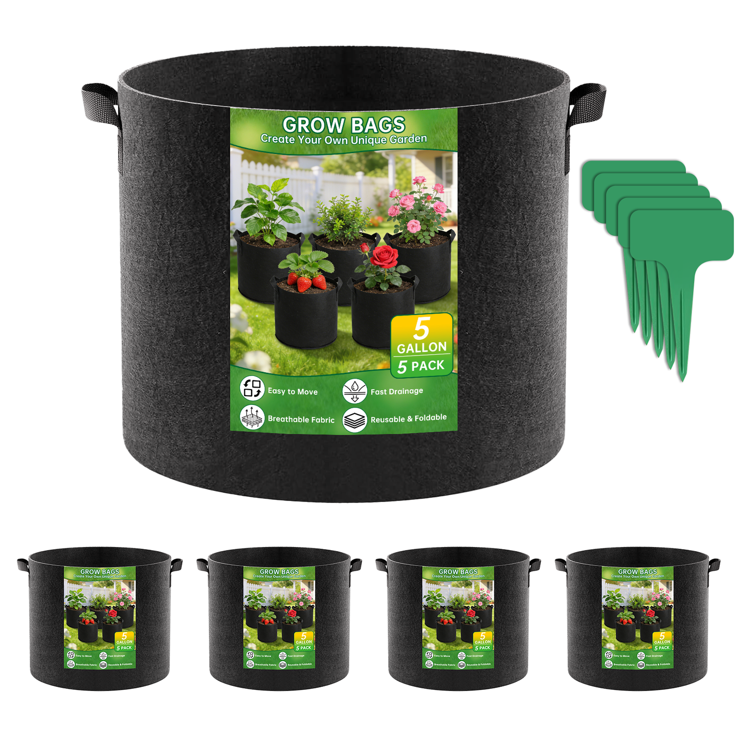 5-Pack 5 Gallon Grow Bags, Heavy Duty Nonwoven Plant Fabric Pots with Handles for Gardening, Thickened Growing Bags for Plants and Vegetables, Includes 5 Plant Labels