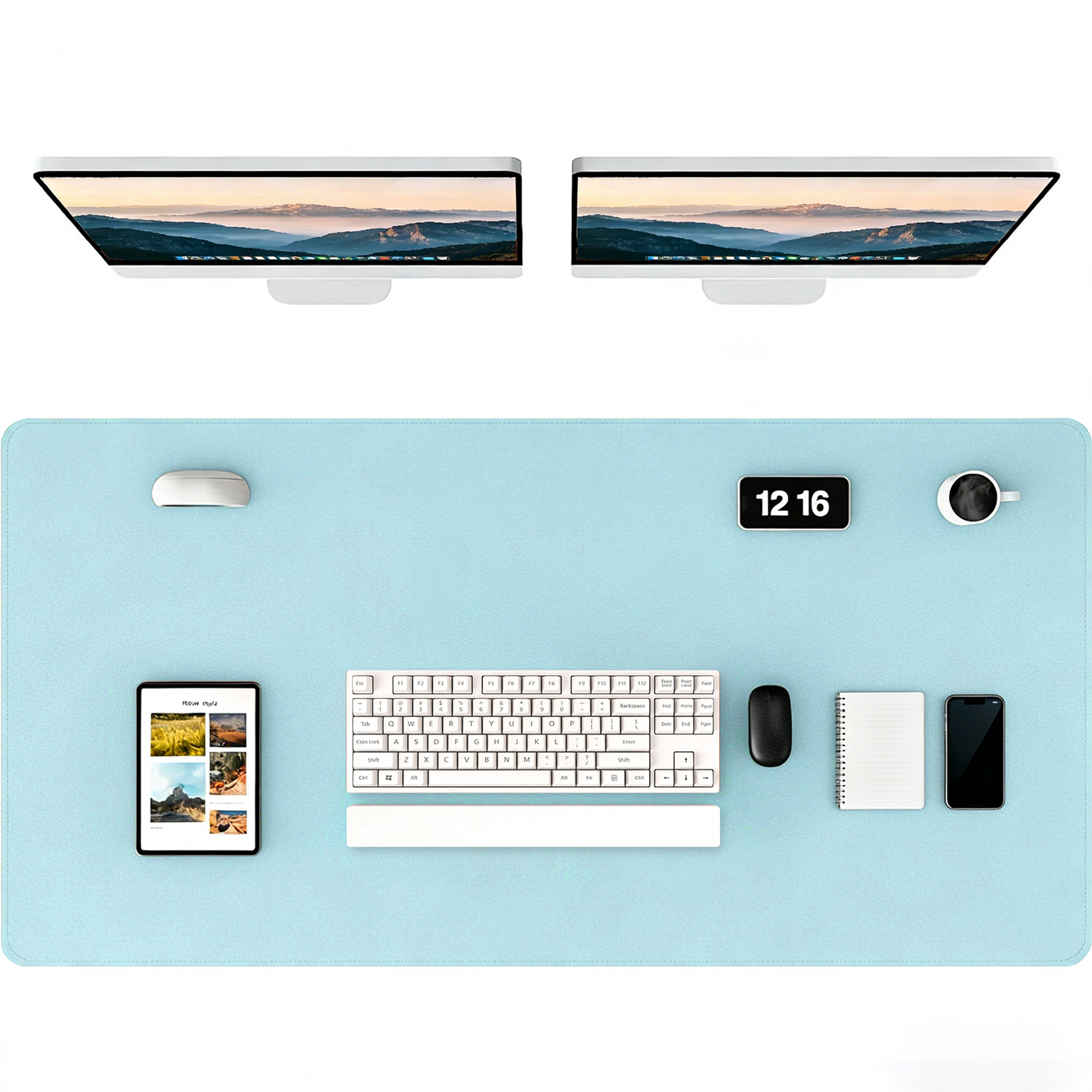 Leather Desk Pad Protector, Large PU Mouse Pad, Waterproof Office Desk Mat, Non-Slip Desk Blotter Pad with Strap, Writing Pad for Office and Home (Light Blue, 47.2" x 23.6")