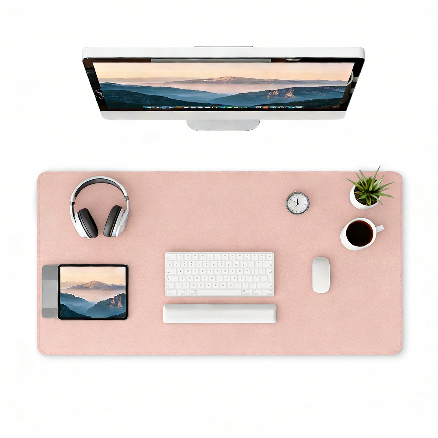 Leather Desk Pad Protector, Large PU Mouse Pad, Waterproof Office Desk Mat, Non-Slip Desk Blotter Pad with Strap, Writing Pad for Office and Home (Light Pink, 31.5”x15.7”)
