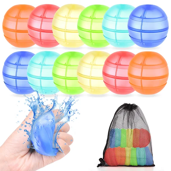 XUE000WB001MU12 12 Pcs Reusable Water Balloons, Self Sealing Quick Fill Water Splash Balls, Soft Silicone Summer Water Toys for Kids & Adults, Eco-Friendly Outdoor Party Supplies Gift