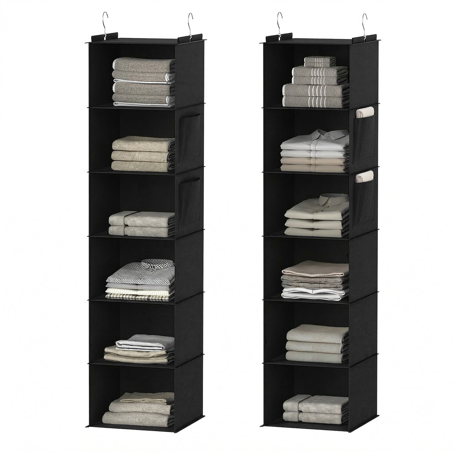 XUEYU Hanging Closet Organizer, 2 Pack Closet Hanging Storage Shelves with Bamboo Inserts, 6-Shelf Sturdy Hook Closet Organizers and Storage W/ 2 Side Pockets,Foldable Closet Storage for Bedroom,Gray