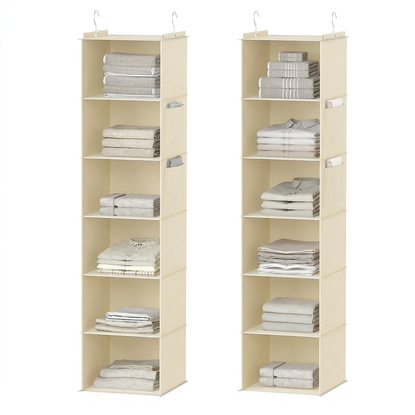 XUEYU Hanging Closet Organizer, 2 Pack Closet Hanging Storage Shelves with Bamboo Inserts, 6-Shelf Sturdy Hook Closet Organizers and Storage W/ 2 Side Pockets,Foldable Closet Storage for Bedroom,Gray