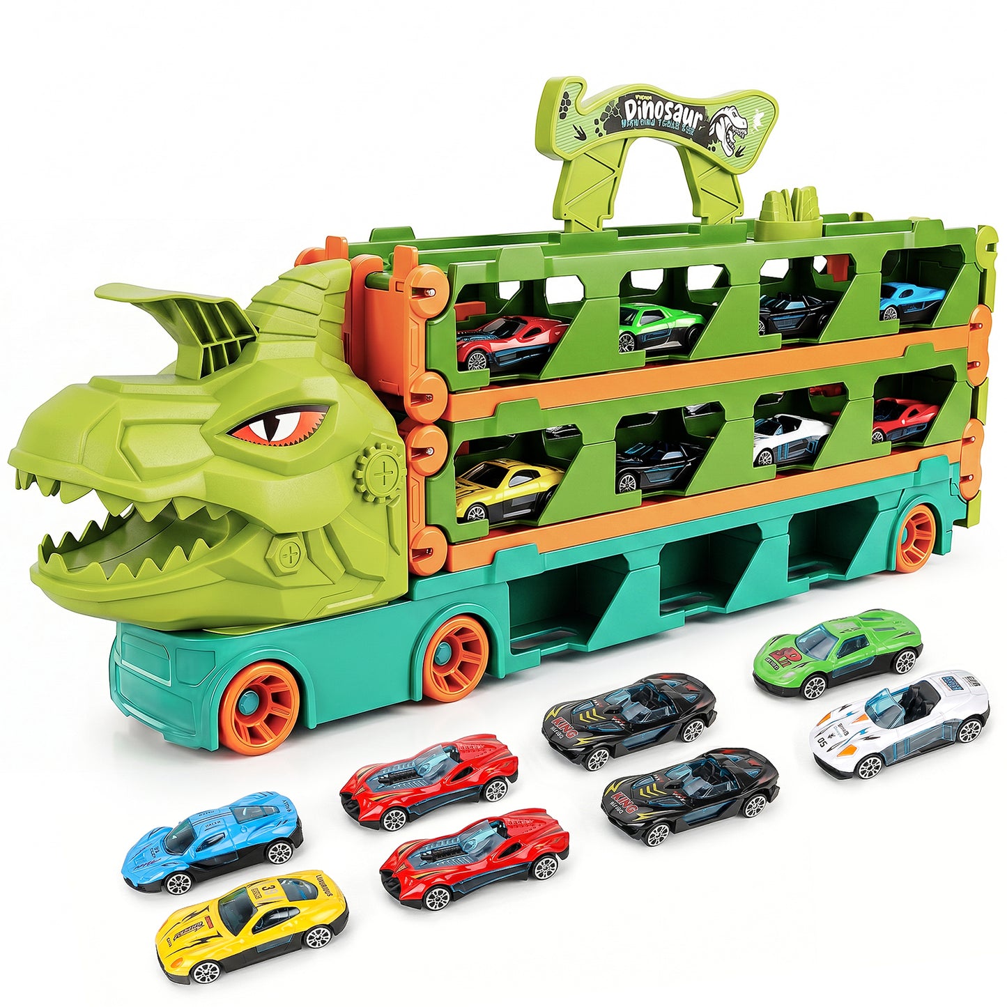 XUEYU Dinosaur Toys for Kids 3-8, Dinosaur Trucks Toy for Kids Age 3-8 with Two 6.9ft Folded Track, Ejecting Monster Truck with 8 Alloy Cars and Storage Function, Christmas Birthday Gifts for Toddler