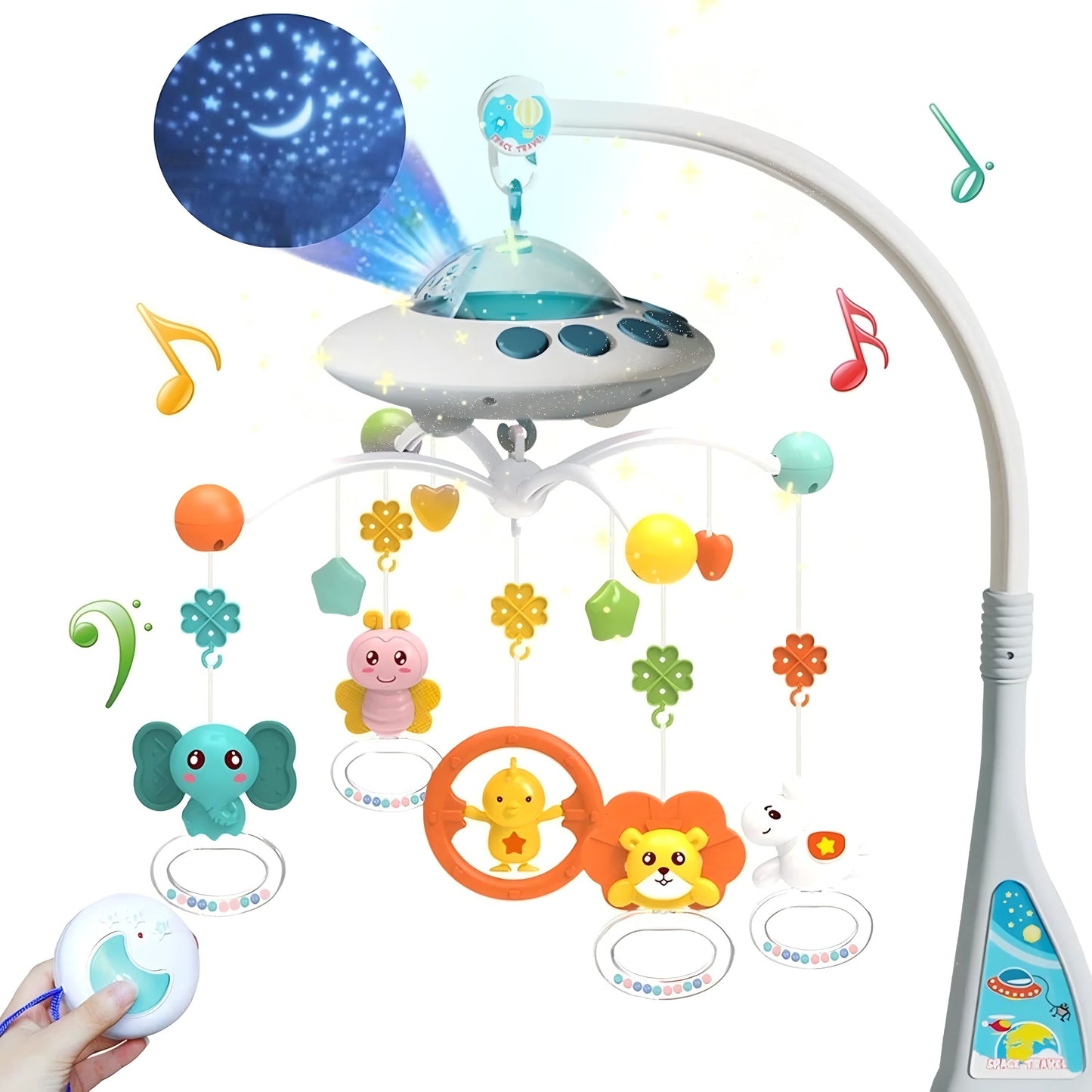 XUEYU Baby Mobile Toy with Music and Lights, Rotation, Moon and Star Projection, Remote Control, Blue
