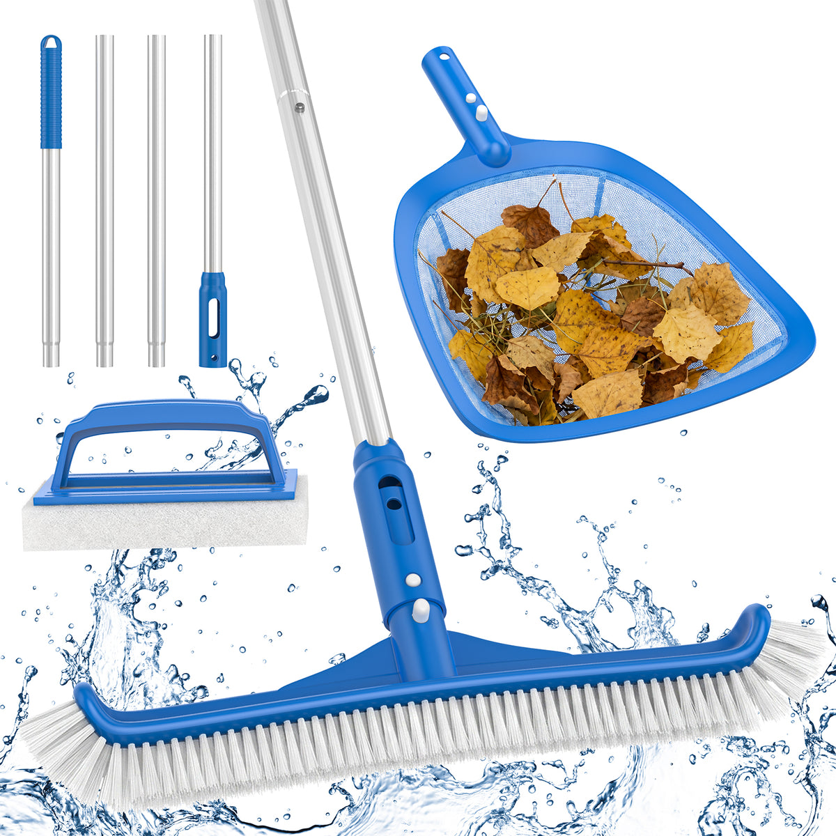 Swimming Pool Cleaning Kit with Leaf Skimmer Net, Brush and Pole - 60" Adjustable Telescopic Pole, 11" Semi-Deep Fine-Mesh, Rubber Brush and Foam Brush, Perfect for Swimming Pools, Spas, Hot Tubs