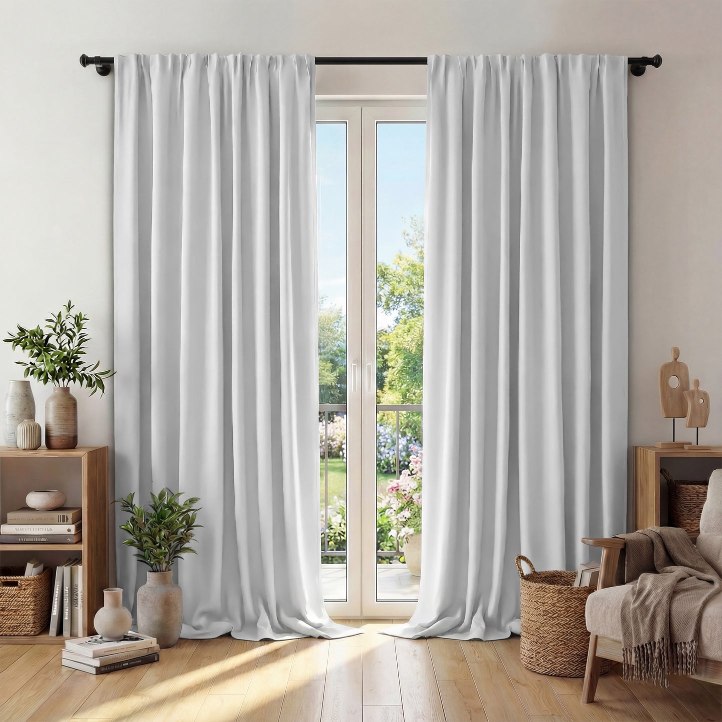 XUEYU Window Curtains Blackout, Back Tab Curtains 96 Inch, 100% Blackout Curtains Darkening Light Blocking Curtains for Living Room Bedroom Full Light Blocking Curtains 2 Panel Set,W52 x L96, White