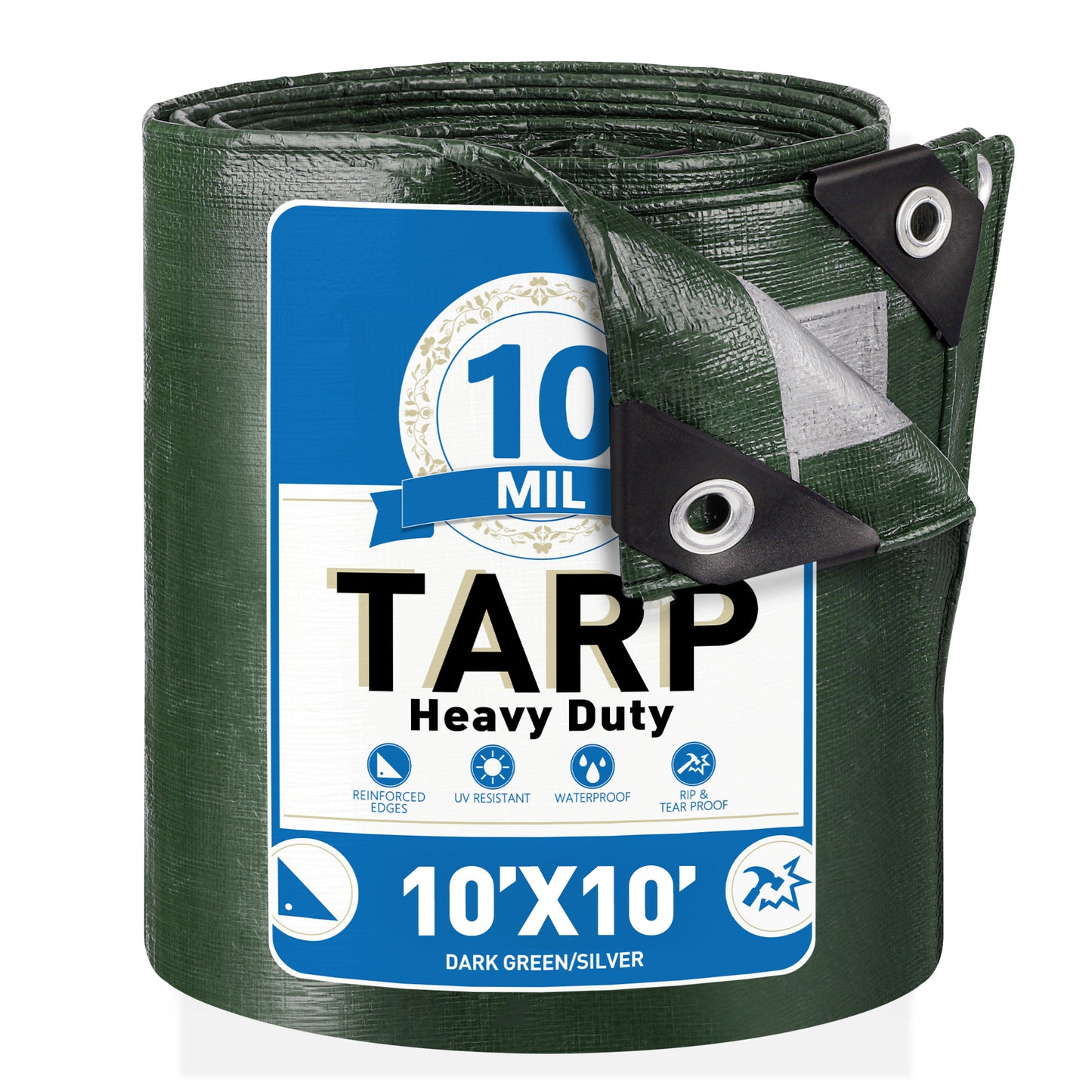 Tarps Heavy Duty Waterproof 10’ x 10’, 10 Mil Large Canvas Tarp for all weather, Multipurpose Protective Cover with Reinforced Edges for Pool, Camping, Boats, RV, Pool, Green/Silver Tarpaulin