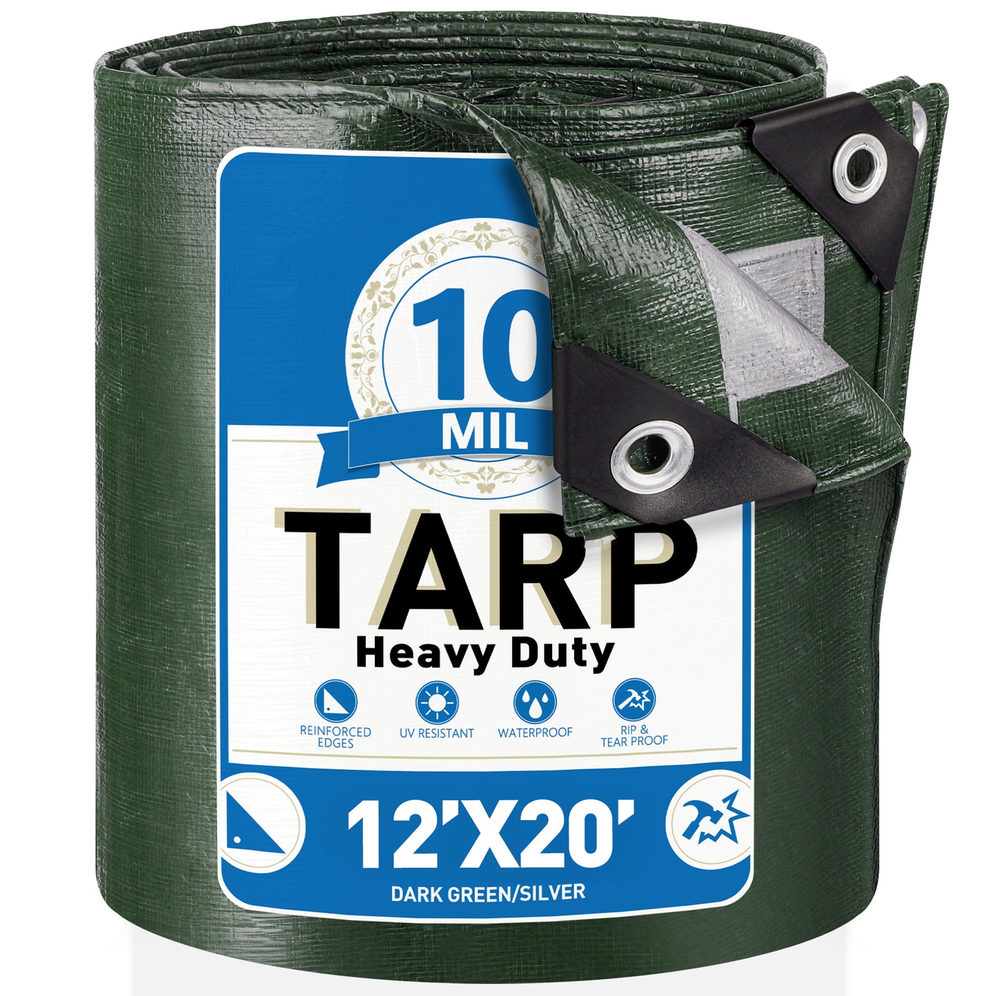 Tarps Heavy Duty Waterproof 12' x 20', 10 Mil Large Tarp with Grommets Every 19.7", Multipurpose Protective Cover with Reinforced Edges for Outdoor Pool Camp Tent, Poly Tarp for Boats, RV, Pool Cover