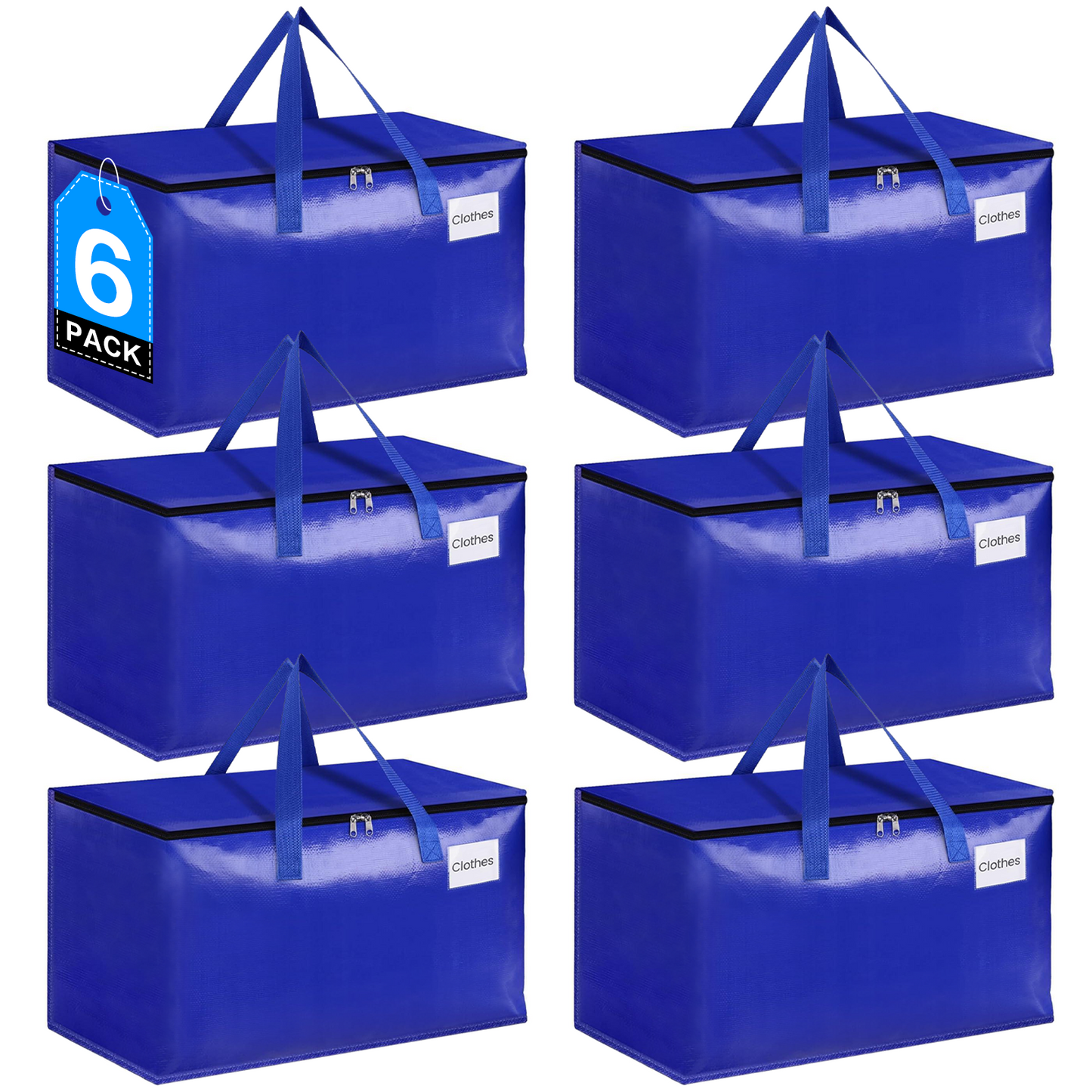 XUEYU 6 Pack Extra Large Moving Bags, Heavy Duty Storage Totes with Durable Zipper & Comfortable Handles, Space-saving Waterproof Bags for Home, Dorm, Camping and Travel (Blue)