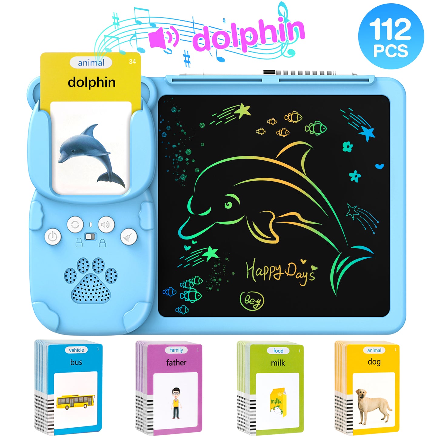 Xueyu 224 Words Talking Flash Cards, Preschool Reading & Writing Educational LCD Tablet, Blue 224 Count