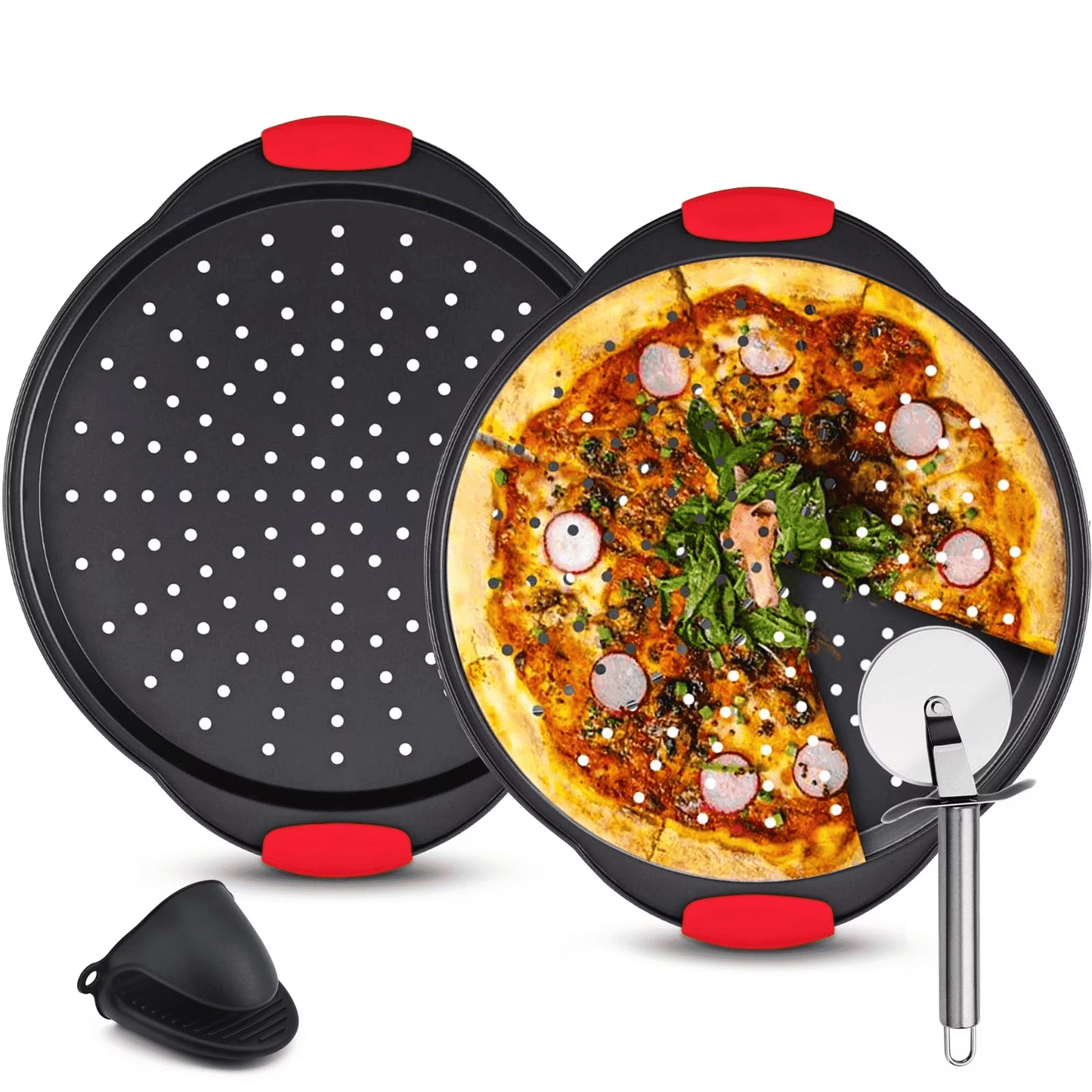 Pizza Pan with Silicone Handles and Non-stick Coated(2pcs)- Carbon Steel Pizza Pan for Oven, with Pizza Cutter Wheel and One Silicone Glove