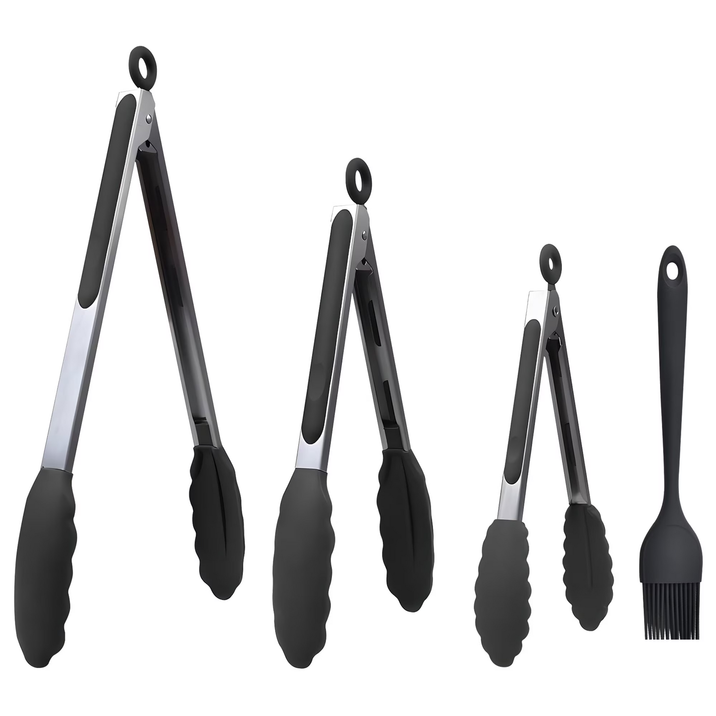 Premium Stainless Steel Locking Kitchen Tongs with Silicone Tips Kitchen Utensils, Grilling Set Including 4 Pieces (7", 9", and 12" Tongs for Cooking), Complete with an Oil Brush