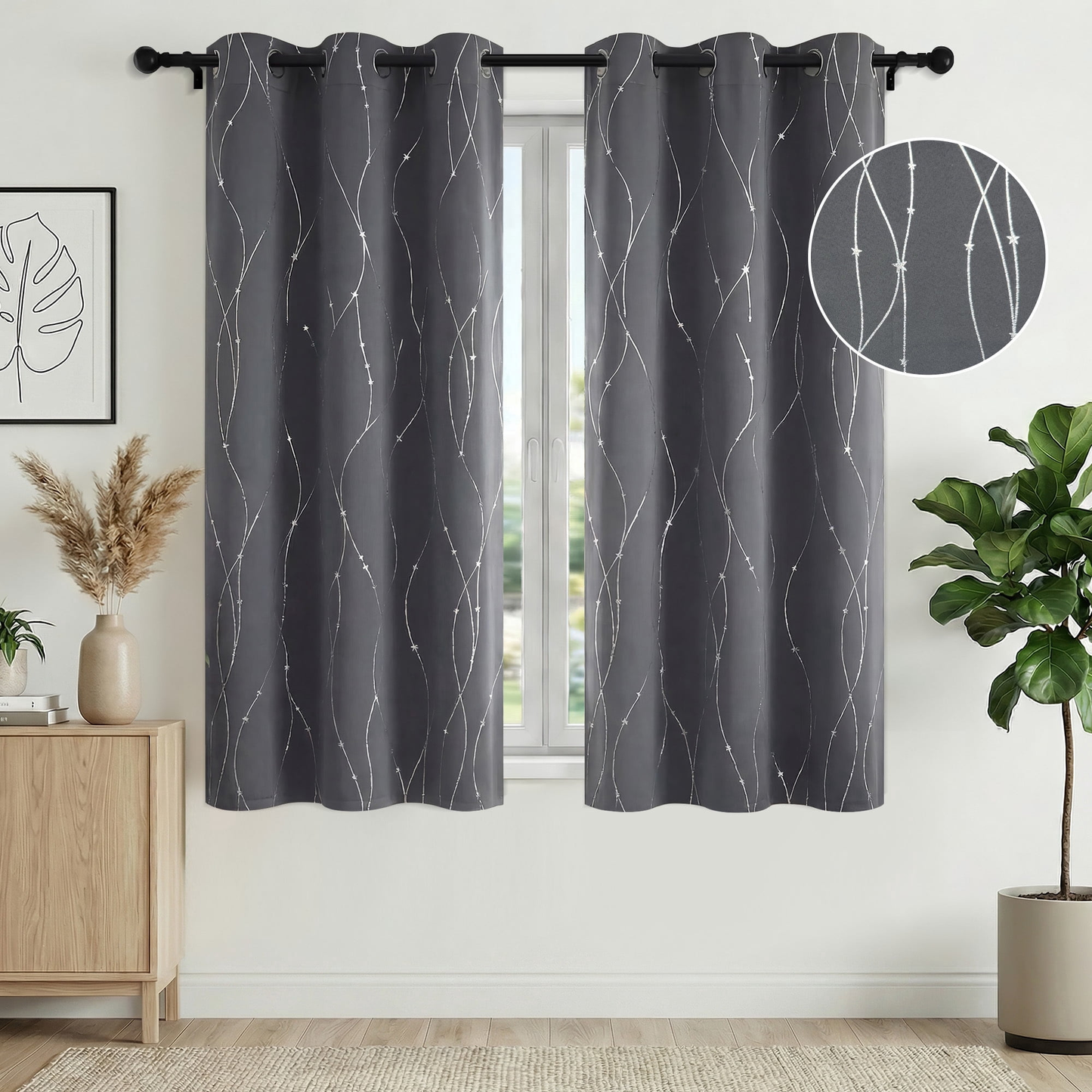 XUEYU 100% Blackout Curtains for Bedroom, Light Blocking Thermal Insulated Curtains with Noise Reduction, 42x63 Inch Room Darkening Window Drapes, Set of 2 Panels, Gray Print