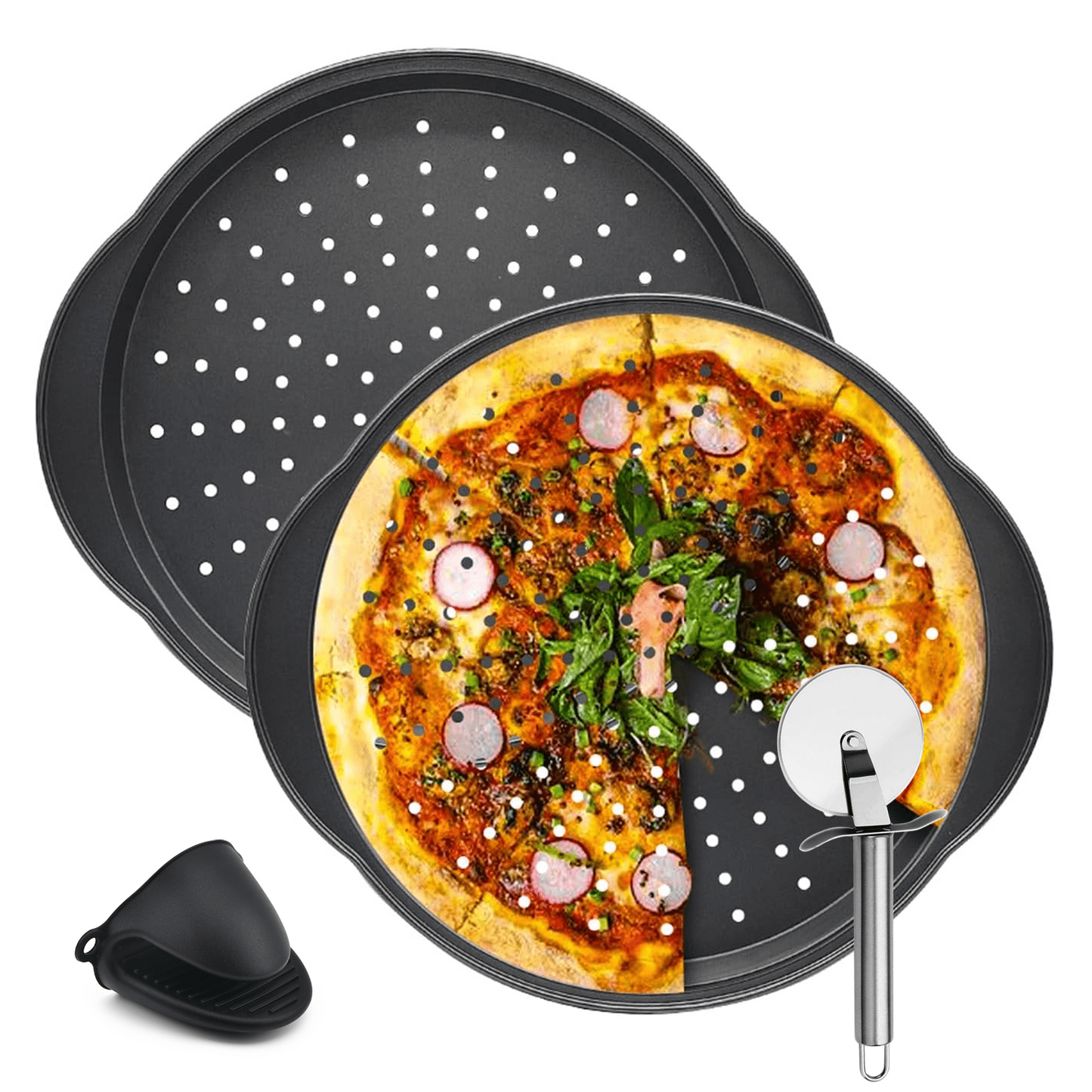 Pizza Pan for Oven with Non-stick Coated(2pcs)- Carbon Steel Pizza Pan, with Pizza Cutter Wheel and One Silicone Glove