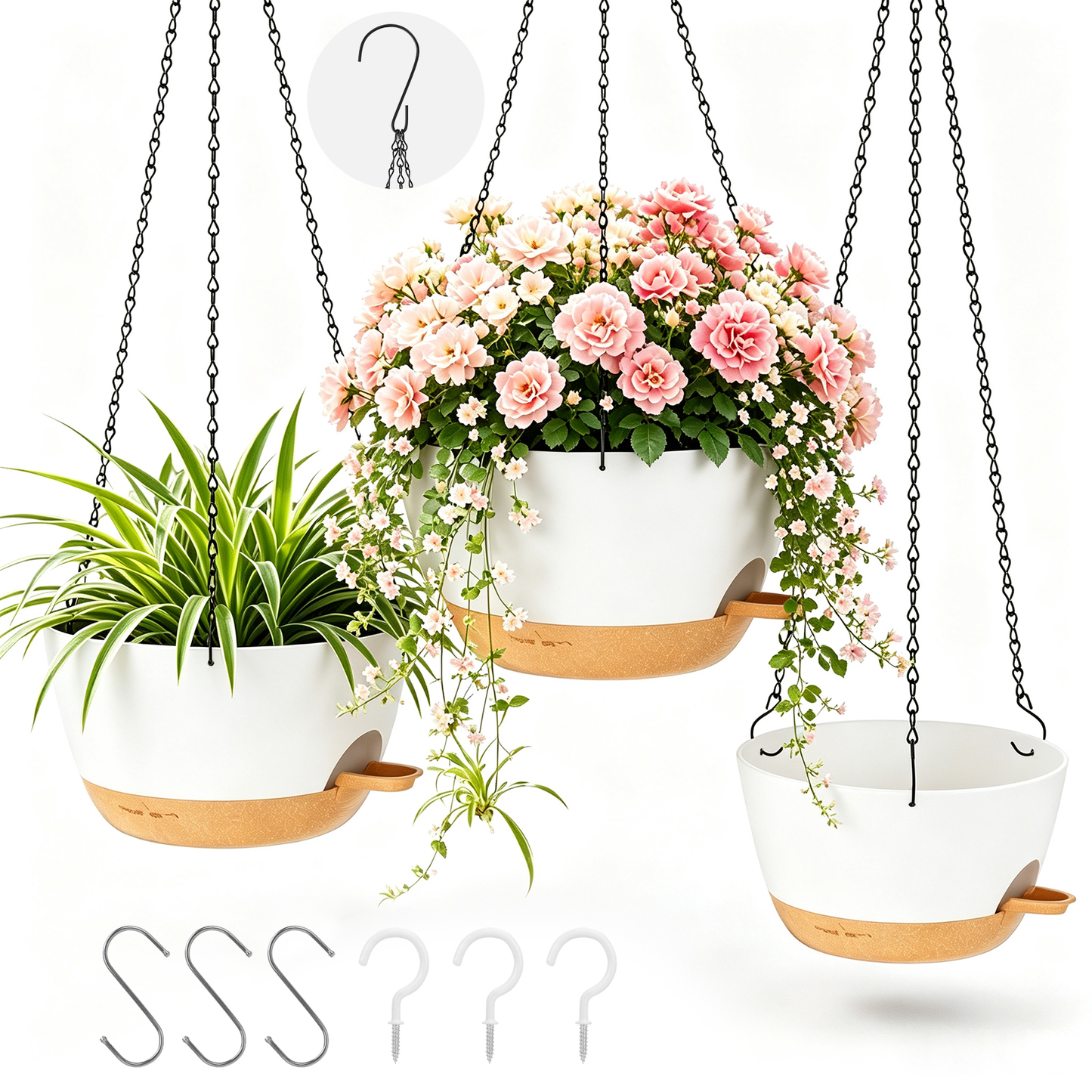 3 Pack 12/10/8 Inch Self Watering Hanging Planters, Plastic Hanging Baskets with Drainage Holes, Hanging Chains, S-Hooks and Ceiling Hooks for Indoor Outdoor Plants (White)