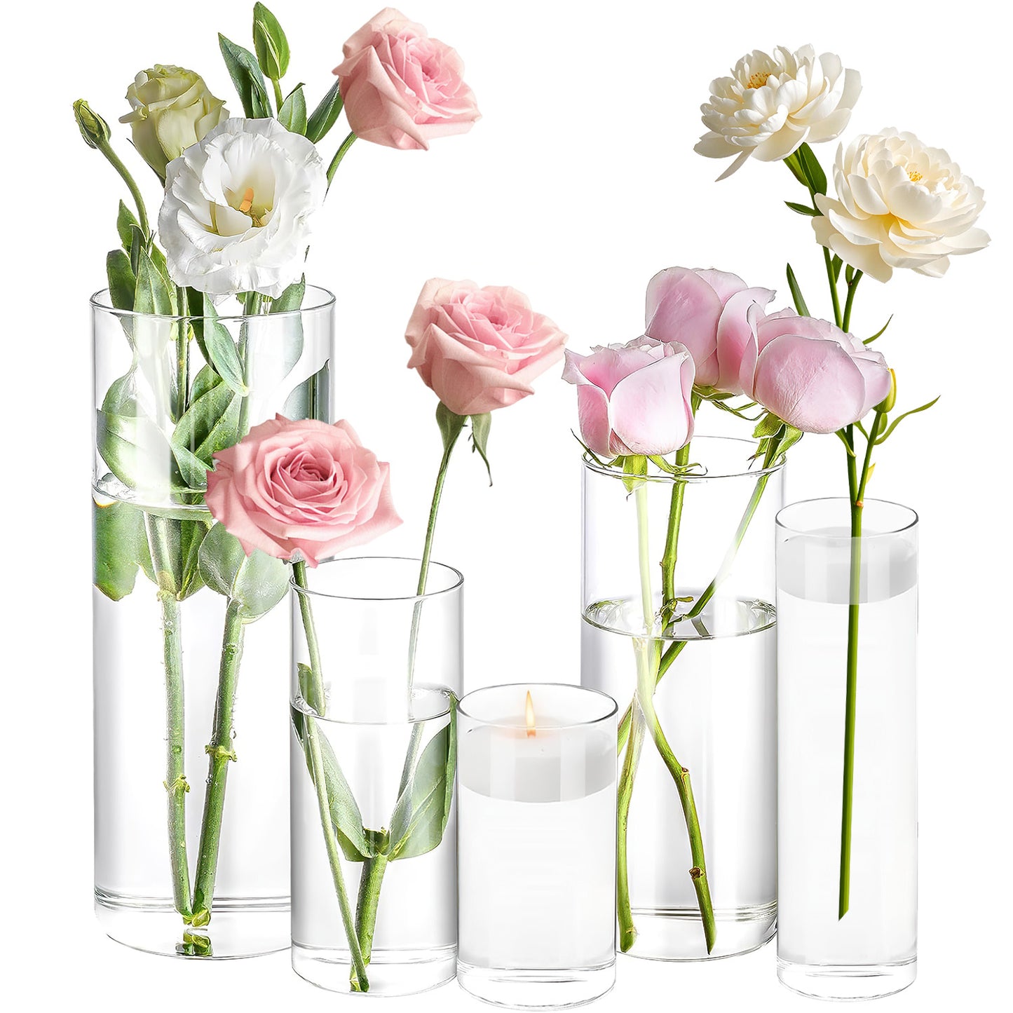 5 Pack Glass Cylinder Vases, Clear Glass Flower Vases for Centerpieces, Floating Candle Holders for Wedding Table and Home Decor, 4", 6", 7.5", 8", 10" Tall