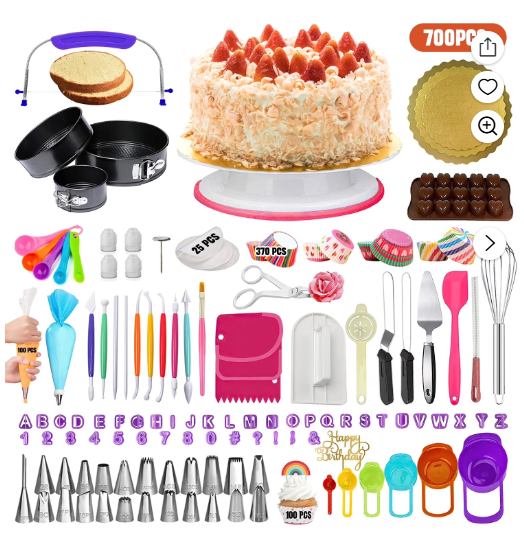 XUEYU 700 Pcs Cake Decorating Kit, Cake Baking Supplies with 3 Non-Stick Springform Pans Set and 24 Piping Tips, Baking Set with Non-slip Turntable, Cake Decorating Supplies Kit for Beginners,Plastic