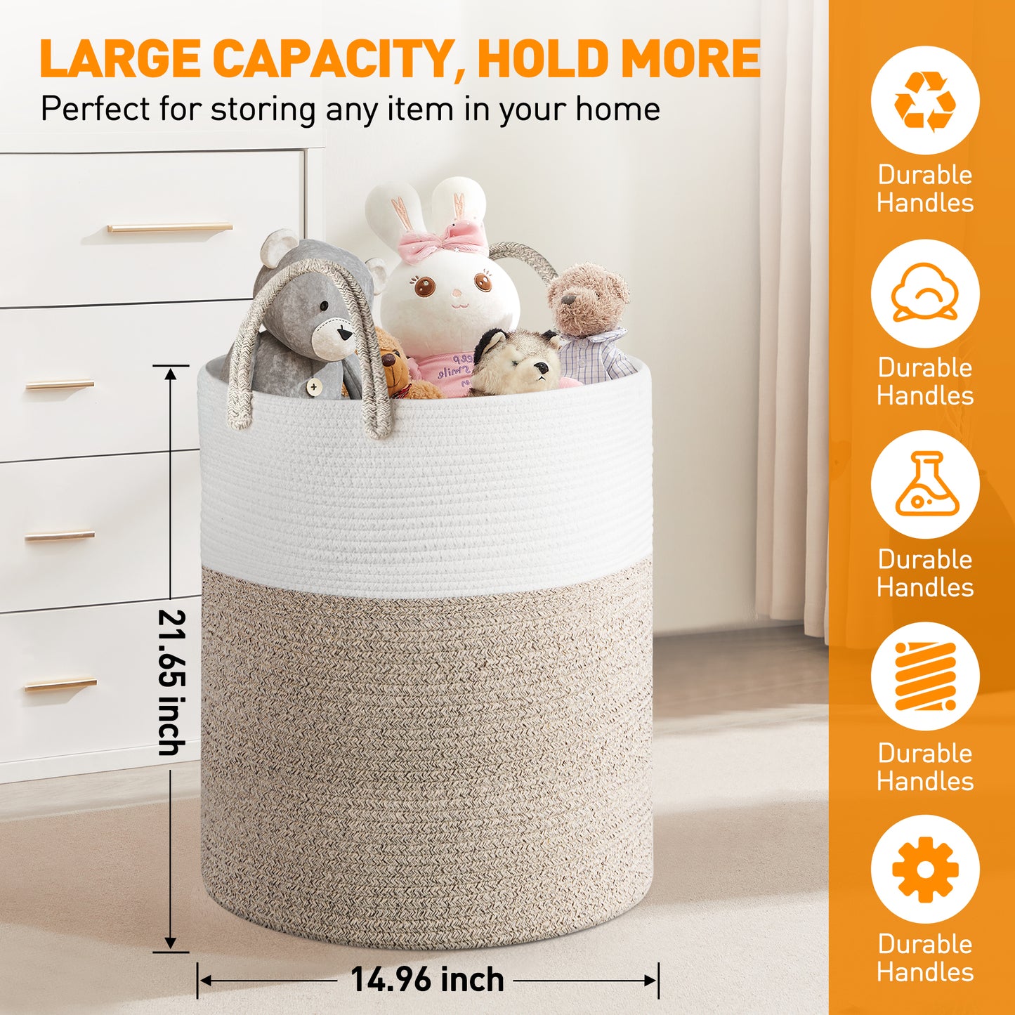 Large Cotton Rope Basket, 15"x15"x20"(58L) Woven Baby Laundry Blanket Basket, Toy Basket with Handle, Laundry Hamper for Storage Comforter Cushions, Blanket Basket for Living Room, Laundry, Nursery