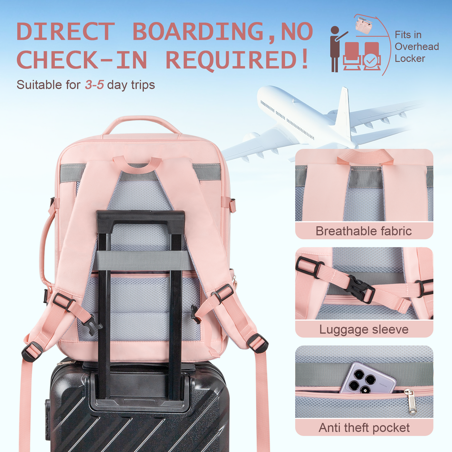 35L Travel Backpack for Women & Men, Carry On Backpack with USB Charging Port & Shoe Pouch, Expandable Flight Approved Backpack, Waterproof Travel Essentials for Weekender Business Hiking,Pink