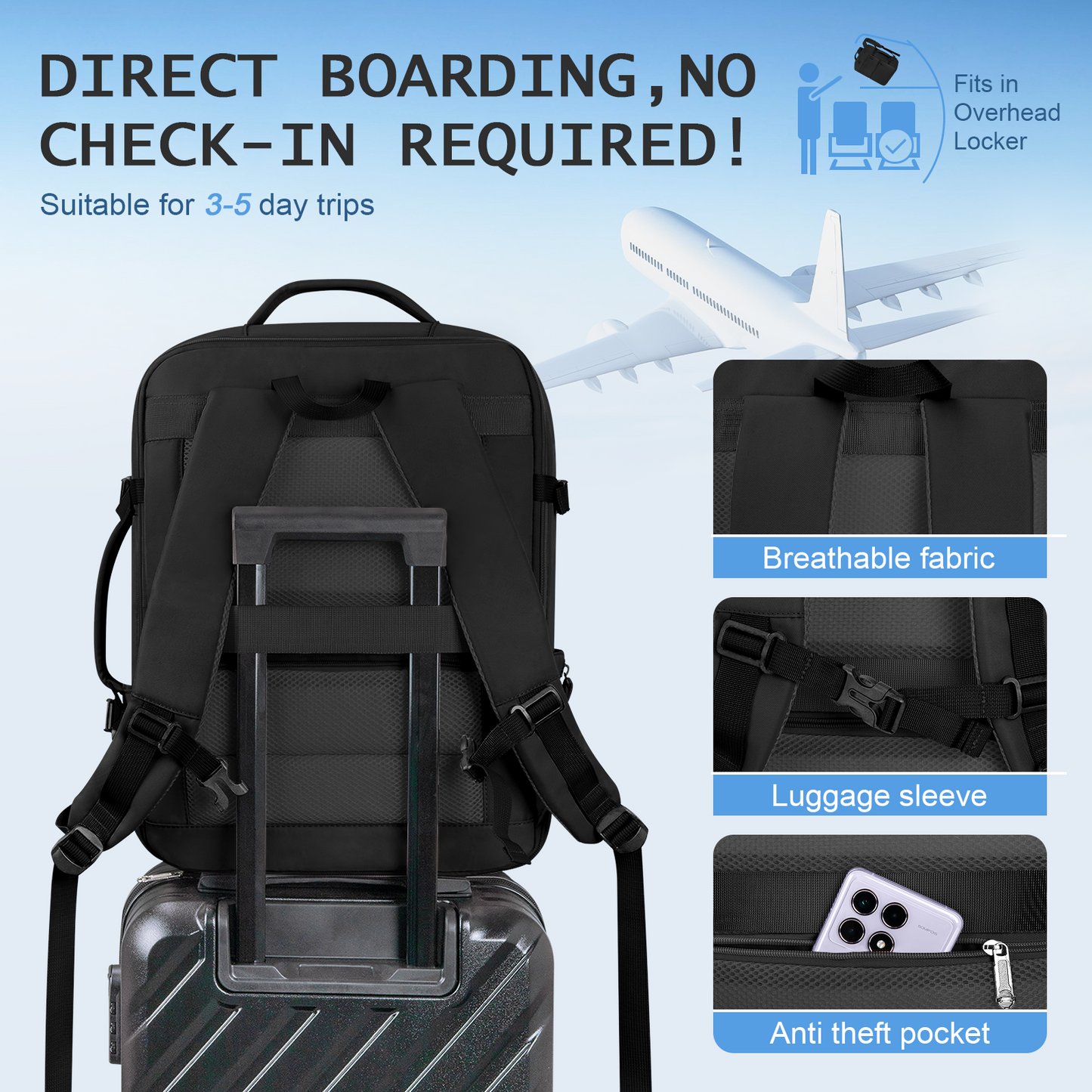 35L Travel Backpack for Women & Men, Carry On Backpack with USB Charging Port & Shoe Pouch, Expandable Flight Approved Backpack, Waterproof Travel Essentials for Weekender Business Hiking,Black