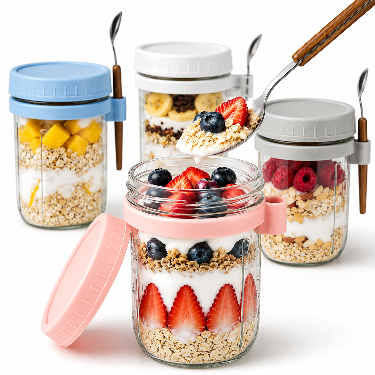 XUEYU 4 Pack Overnight Oats Containers with Lids and Spoons, 16 oz Glass Jars for Yogurt, Cereal, Fruit