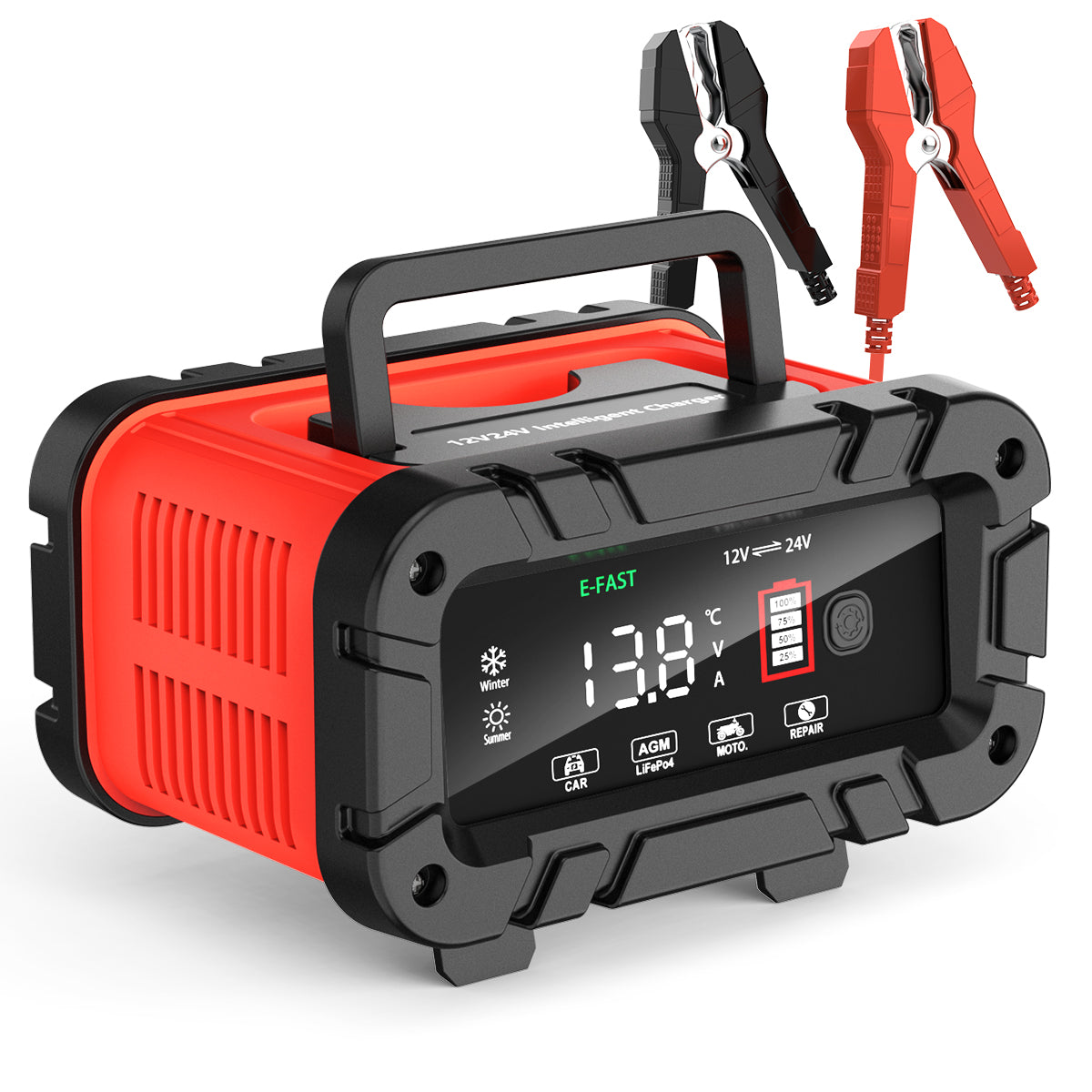 XUEYU 12V 24VBattery Charger, 20-Amp Portable Car Battery Charger 7-Stage Trickle Charger LiFePO4 Lead Acid Smart Battery Maintainer w/Temp Compensation for Car Truck Motorcycle Lawn Mower, Red