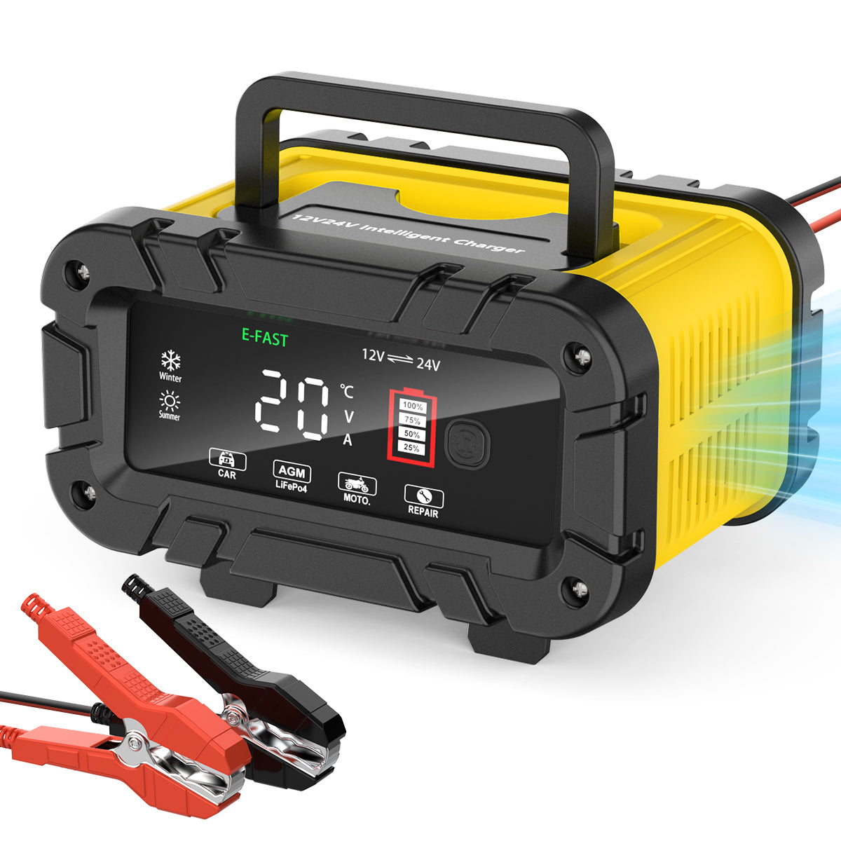 20A Battery Charger 12V/24V LiFePO4 Lead Acid Fully Automatic Battery Maintainer, Car Battery Trickle Charger Automotive w/Battery Repair, Winter Mode, for AGM, STD, Gel, Deep Cycle Batteries, Yellow