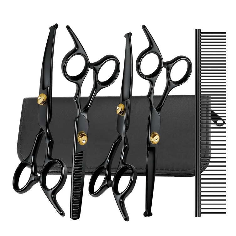 XUEYU 6 in 1 Dog Grooming Scissors Kit, 7 Inch Titanium Coated Dog Scissors for Grooming w/ Safety Round Tips, 4CR Stainless Steel and Heavy Duty Cat Grooming Shears Kit for Dogs Cats Pets(Pro Black)