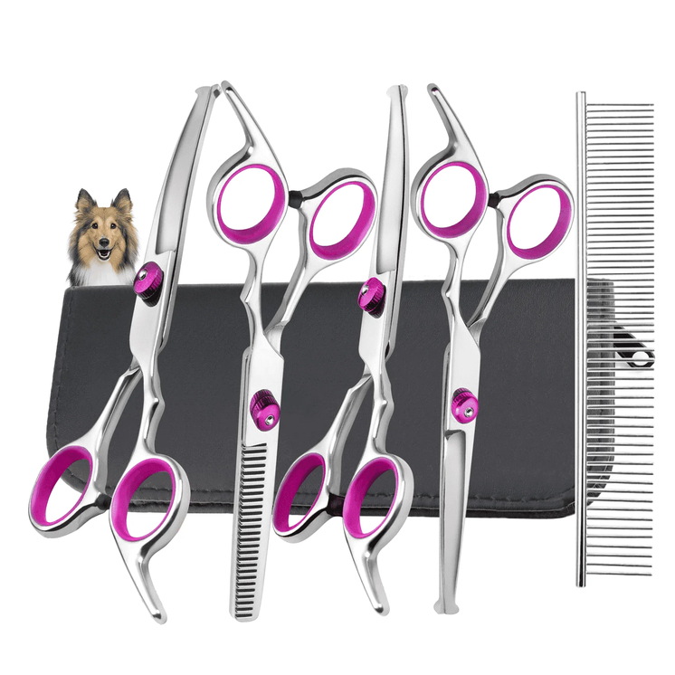 XUEYU 6 in 1 Dog Grooming Scissors Kit, 4CR Stainless Steel & Heavy-duty, Professional Dog Scissors for Grooming w/ Safety Round Tips, Sharp & Study Cat Grooming Shears Kit for Dogs Cats Pets(Pink)