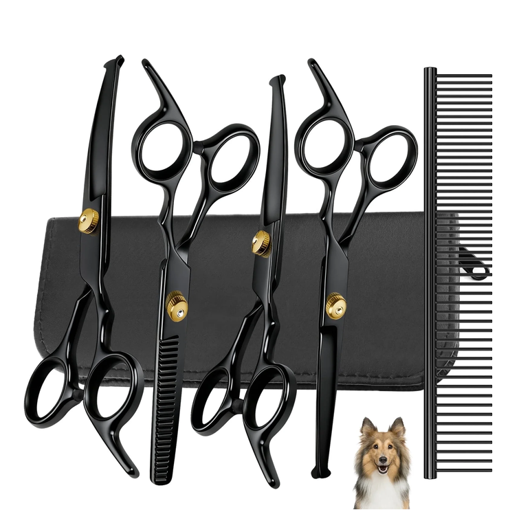 XUEYU Professional Dog Grooming Scissors Kit, 6 in 1 Titanium Coated Dog Grooming Scissors with Safety Round Tips, 4CR Stainless Steel & Heavy-duty, Pet Grooming Shears Kit for Dogs Cats(Pro Black)