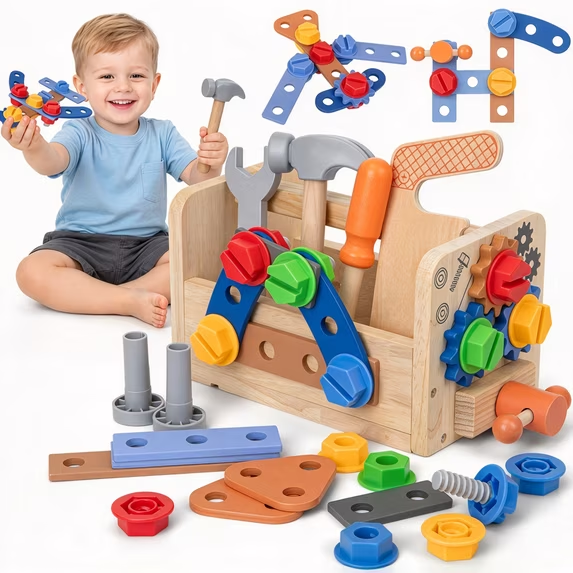 XUEYU Wooden Kids Tool Set – 38 PCS Educational Construction Toy with Tool Bench, Montessori Toddler Tool Box, STEM Gift for Boys & Girls