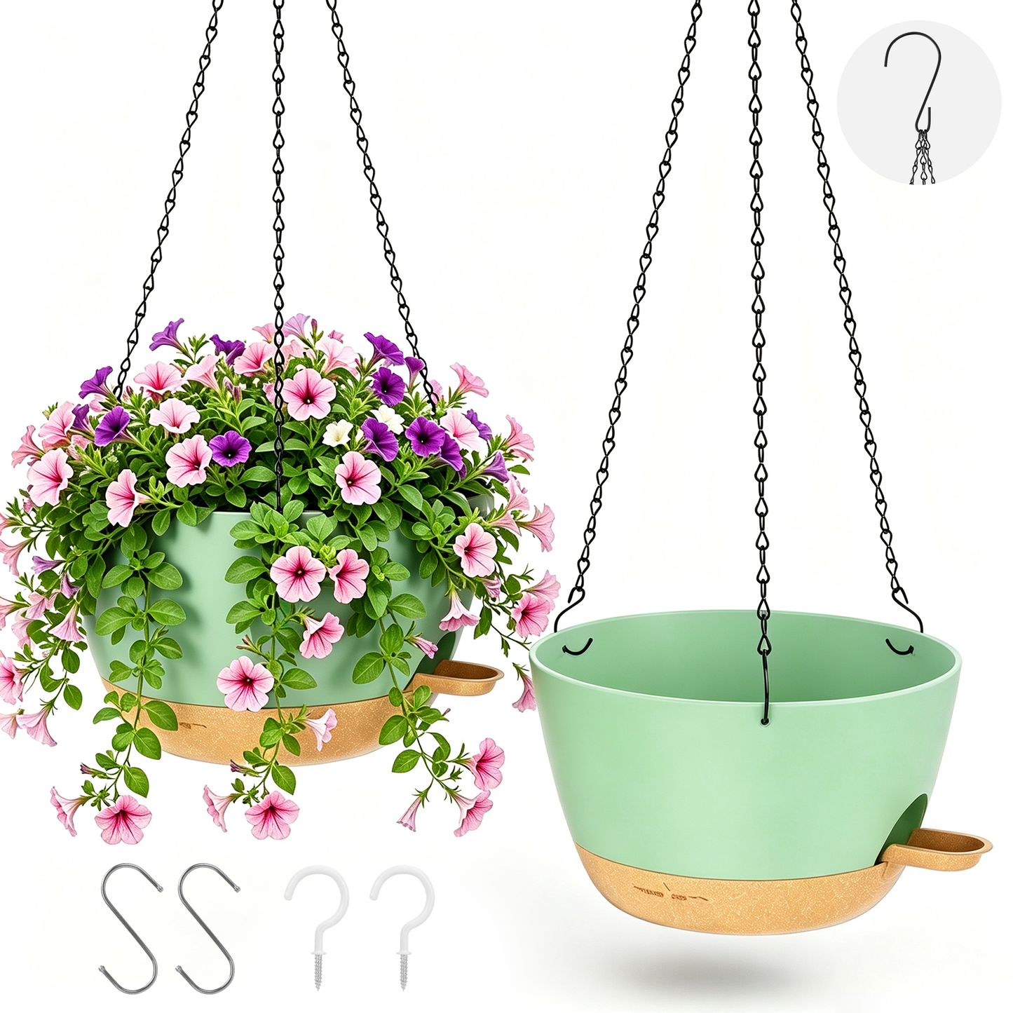 2 Pack 10 Inch Self Watering Hanging Planters, Plastic Hanging Baskets with Drainage Holes, Hanging Chains, S-Hooks and Ceiling Hooks for Indoor Outdoor Plants (Green)